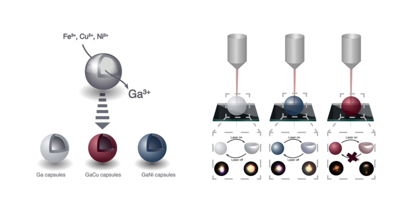 On the left: the formation of gallium microcapsules. On the right: the experiments with gallium microcapsules, the alloy of gallium and nickel, and the alloy of gallium and copper. Illustrations from the article
