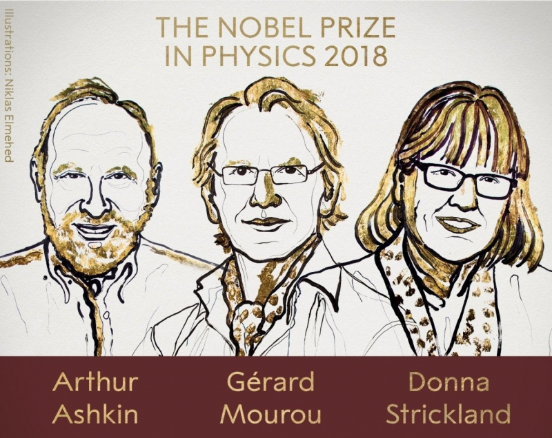 Arthur Ashkin, Gérard Mourou, and Donna Strickland. Illustrations by Niklas Elmehed, Nobel Foundation
