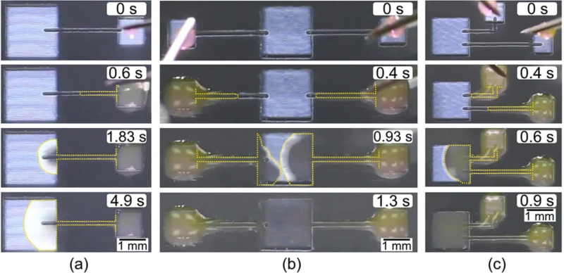 Testing microfluidic systems. Images demonstrating the spread of a solution from the first element down the microchannel towards a reservoir for precipitation. a) filling time of the first system is 4.9 s; b) filling time of the second system is 1.3 s; c) filling time of the third system is 0.9 s. Image courtesy of Anastasiia Bondarenko
