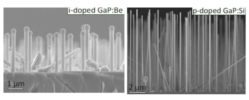 Samples of A3B5 semiconductors: 1) grown on a silicon substrate; 2) positioned on top of a perovskite device. Image courtesy of the research team
