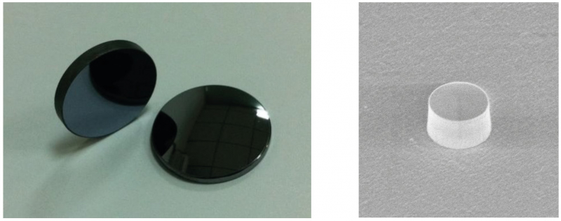 Left: commercial gallium arsenide wafers. Right: Scanning electron microscope image of the nanoresonator. Credits: findlight.net; the researchers’ paper in Science [ref].