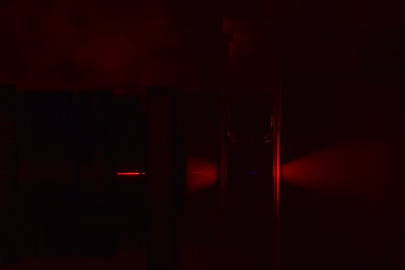 Two-photon absorption of laser radiation in a solution of organic molecules. Photo courtesy of the subject.