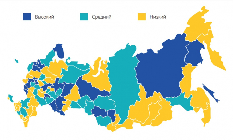 Levels of e-participation development: blue - high, cyan - middle, yellow - low