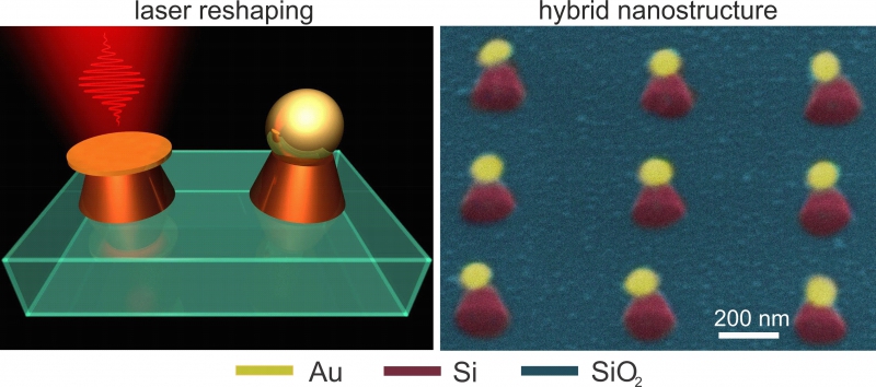 Гибридный метаатом, состоящий из кремниевой и золотой наночастиц, а также принцип лазерного плавления золотой наночастицы для изменения оптических свойств метаатома.(справа) 