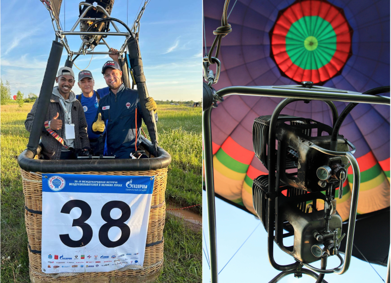 Left: Anton Sizov, his navigator and me in the gondola ready to launch; right: the burner in our balloon. Image courtesy of the author