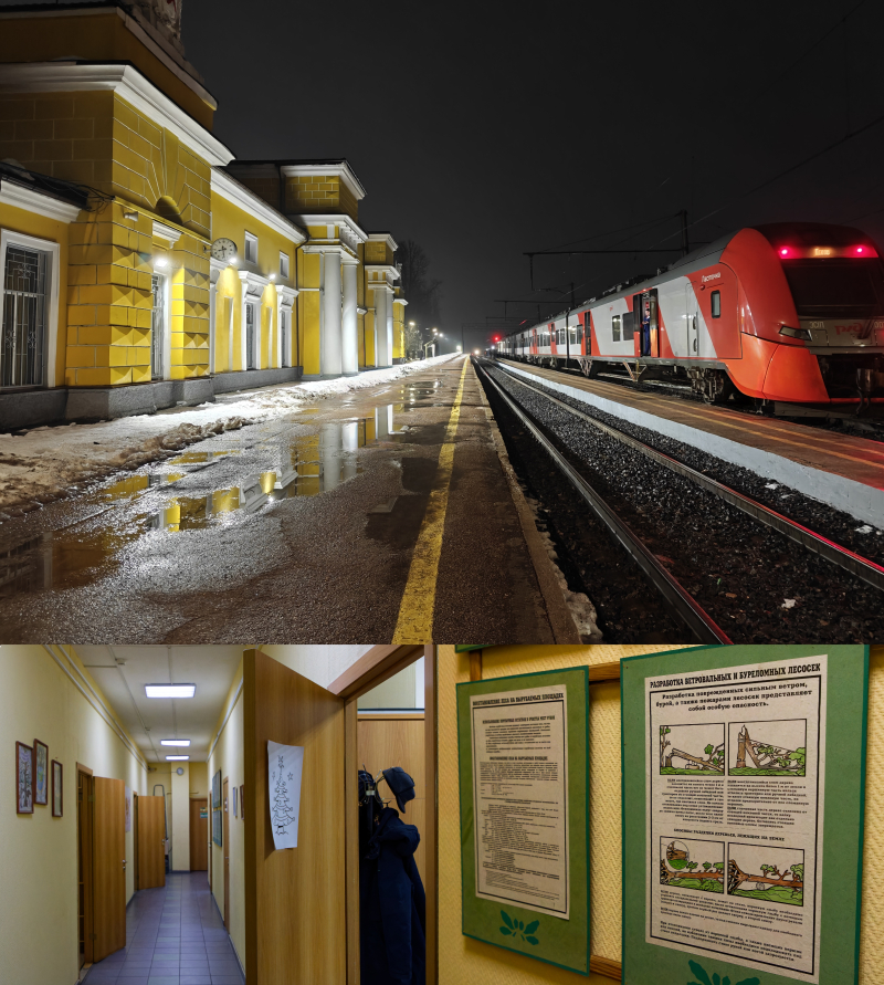 (Top) The view of Luga railway station at 8AM; (Bottom): The Forestry Department and the dedicated room for drawing up contracts to harvest trees. The Forestry Department has informational posters throughout its building, which are very handy when in the forest, especially in the summer.
