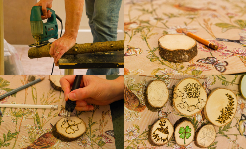 (Top left): The thicker part of the fir tree being chopped into smaller pieces; (Top right): A chopped piece of the fir tree; (Bottom left): A wood burning tool used to draw pictures and artwork on the pieces; (Bottom right): A collection of a few designs and art pieces we completed for saucers and magnets.