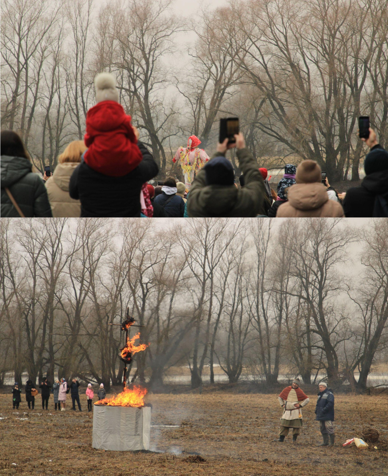 (Top): Audience await the start of burning of the effigy at Vitoslavitsy museum reserve where it was prepared with straw, wood, balsa, and pieces from our fir tree too! (Bottom): The conclusion of winter/Maslenitsa and the seasonal welcome of spring.