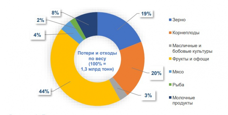 Доля мировых продовольственных потерь и отходов по товарам (% от общего числа потерь). Источник: sk.skolkovo.ru
