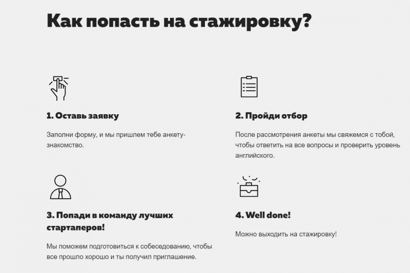 Как попасть на стажировку: 4 этапа. Источник: accel.itmo.ru/startuplife
