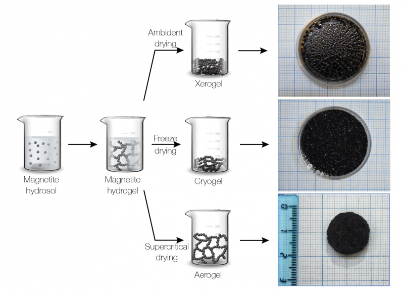 Porous hierarchical magnetite structures acquired using three different drying methods. Image courtesy of the scientists
