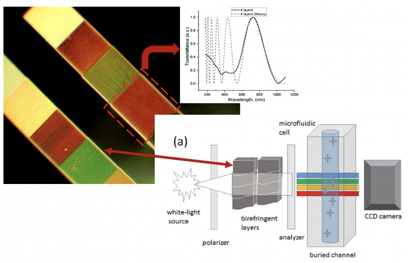 Микрофотография дисперсионных фильтров, спектр пропускания одной из ячеек и принципиальная схема диагностического микрофлюидного чипа. Иллюстрации из статьи в журнале Laser Physics Letters
