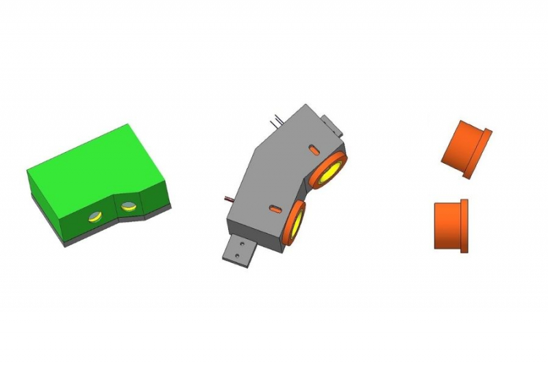 3D model of the laser sensor prototype. External part on Pic.1 and internal parts on Pic.2 and 3. Laser raditation gets focused using a lense (the lower orange cylinder) in the studied area. If there's an object there, the radiation reflects from it and gets captured by the second lense (the orange cylinder above), which focuses it on the photoreceiver. Image courtesy of the project's author.
