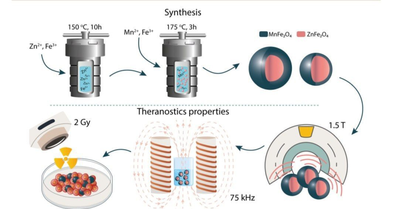 The image illustrates nanoparticle production stages. First, in the course of two-stage hydrothermal synthesis, the researchers acquired core-shell magnetic particles. Then, they analyzed the particles’ contrasting capacities, as well as their ability to heat up in the magnetic field and amplify X-ray radiation for diagnostics and treatment. Credit: pubs.rsc.org

