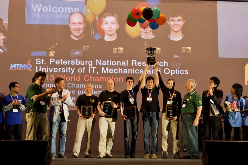 Vladimir Vasilyev, Vladimir Parfenov, Andrey Stankevich, and the winners of ACM ICPC 2013 Niyaz Nigmatullin, Gennady Korotkevich, and Mikhail Kever. Credit: ITMO University
