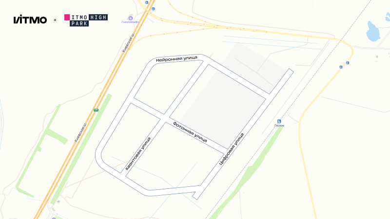 Map of Yuzhny satellite city and ITMO Highpark with street names. Credit: ITMO University
