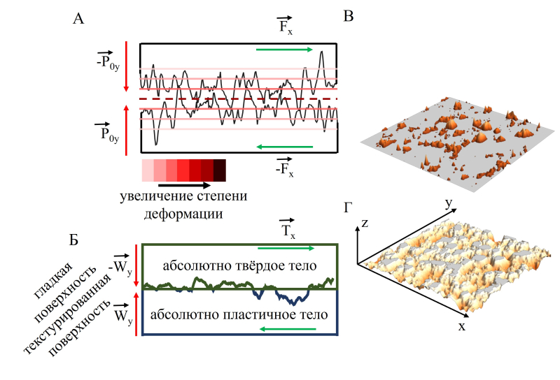 Схемы модели, мысленного эксперимента, предлагаемого метода и алгоритма: A) Механизм контакта двух текстурированных поверхностей, иллюстрирующий условия трения покоя или скольжения; Б) Концептуальный мысленный эксперимент, моделирующий контакт текстурированного, абсолютно пластичного тела с идеально гладким, абсолютно жестким телом; В, Г) Принцип работы алгоритма, продемонстрированный с использованием карты высот рельефа поверхности. Изображения предоставлены спикером
