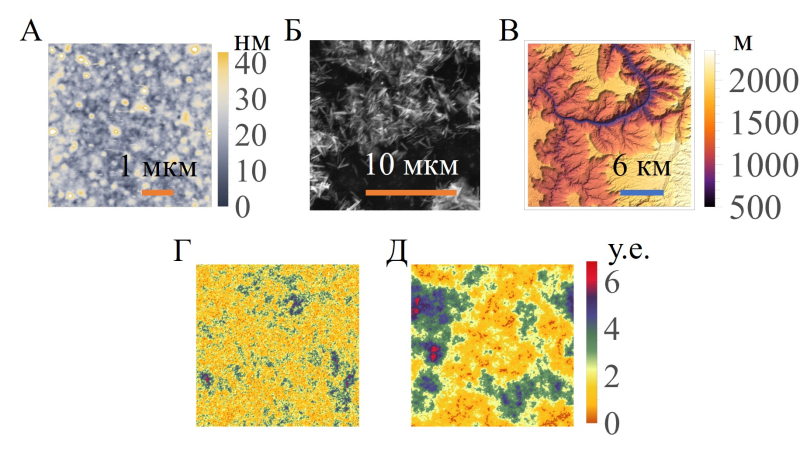 Рельеф поверхности A) полиионной сборки; Б) микрокристаллов ZnO; В) Гранд-Каньона; Г, Д) синтетических рельефов. Изображение предоставлено спикером
