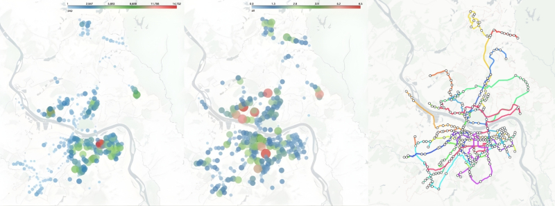 Генерация маршрутов общественного транспорта на примере Кемерово. Слева: пространственное распределение исходящего транспортного спроса. Посередине: пространственное распределение входящего транспортного спроса. Справа: сгенерированные автобусные маршруты с учетом спроса и связанности. Изображение предоставлено авторами разработки
