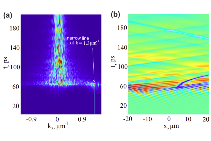 The evolution of polariton condensate over time. The modelling predicts how the range and spacial structure of quantum liquid changes over time when subjected to small excitations. Image courtesy of the researchers