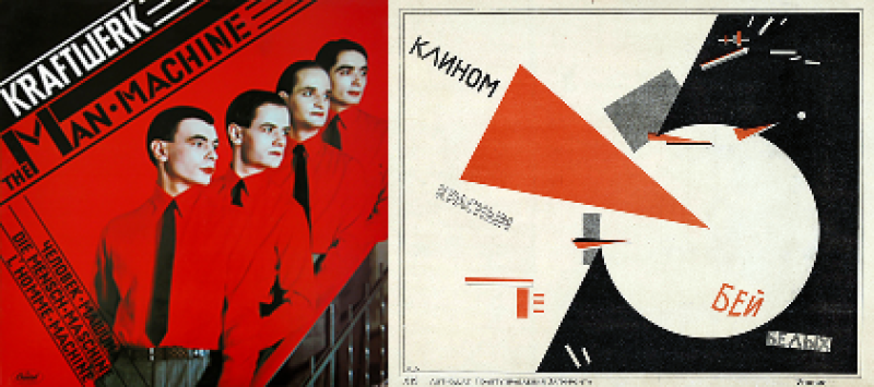 (Left) The cover art for the album The Man-Machine by Kraftwerk. Credit: en.wikipedia.org. (Right) The 1919-1920 poster Beat the Whites with the Red Wedge by El Lissitzky. Credit: Russian State Library / Wikimedia Commons / CC-PD-Mark

