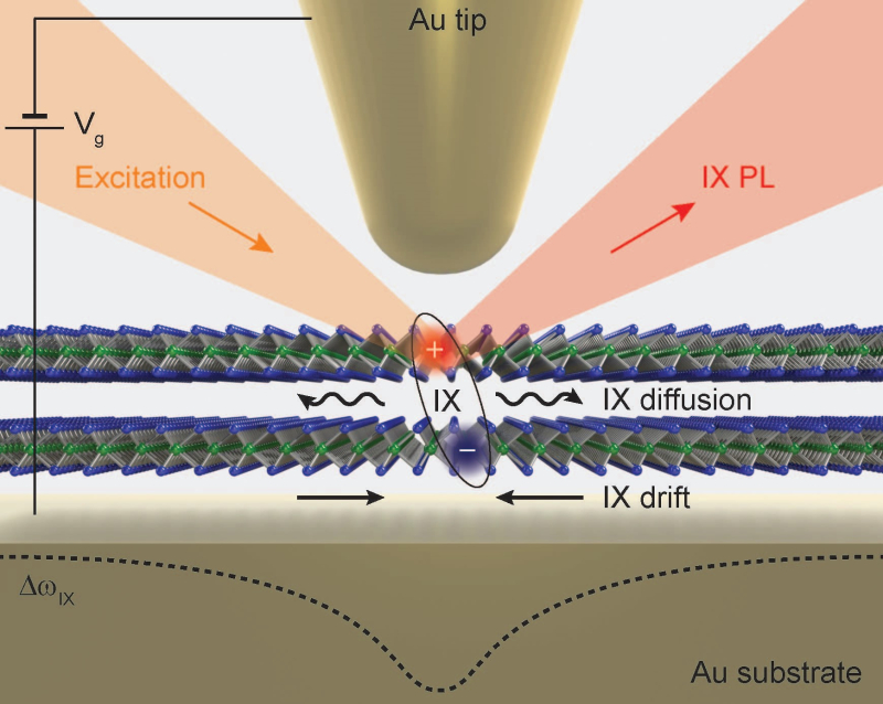 The new electroplasmonic nanoresonator: top &ndash; sharp gold electrode, bottom &ndash; two ultrathin semiconductor layers on a gold substrate. Image courtesy of Vasily Kravtsov
