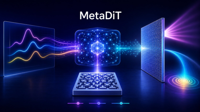 A visualization of MetaDiT's work: the AI model processes the target spectrum and generates a metasurface's structure, and the resulting optical element controls the light in the needed way. Image courtesy of the researchers