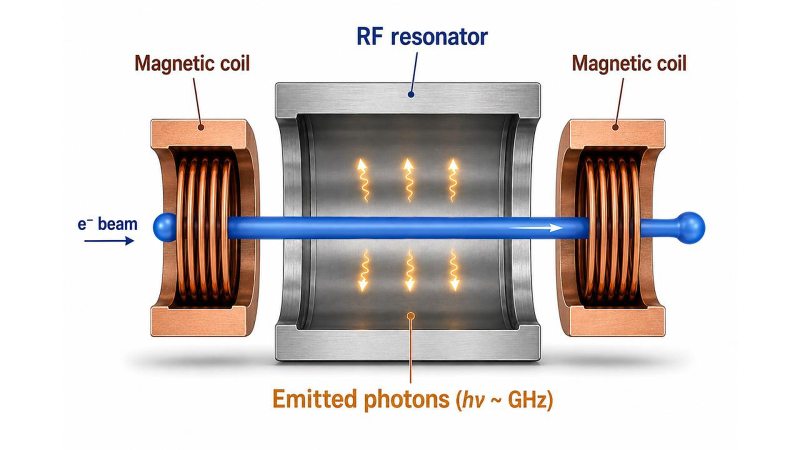 A twisted electron beam passes through two magnetic coils and radiates a photon in the detector area with no magnetic field. Credit: the paper&rsquo;s authors
