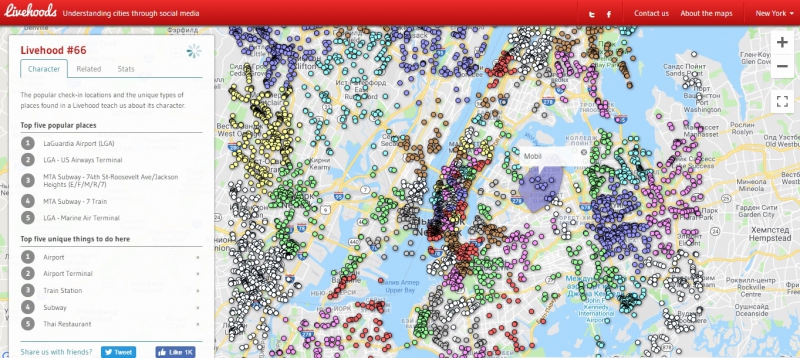  Карта вернакулярных районов Нью-Йорка Livehoods. Источник: livehoods.org