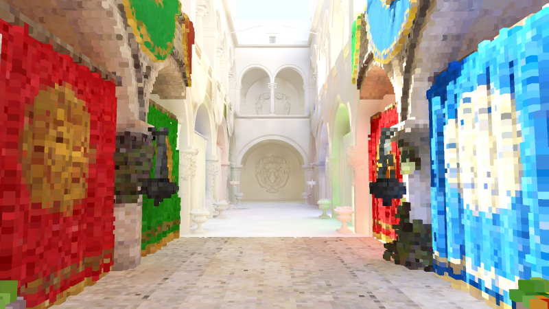 Voxelized view of the Sponza scene fading into actual geometry in the background. Credit: enlisted.net