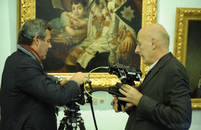 Michel Menu and Vincent Detalle using mobile lab equipment at the State Russian Museum. Photo courtesy of Olga Smolyanskaya
